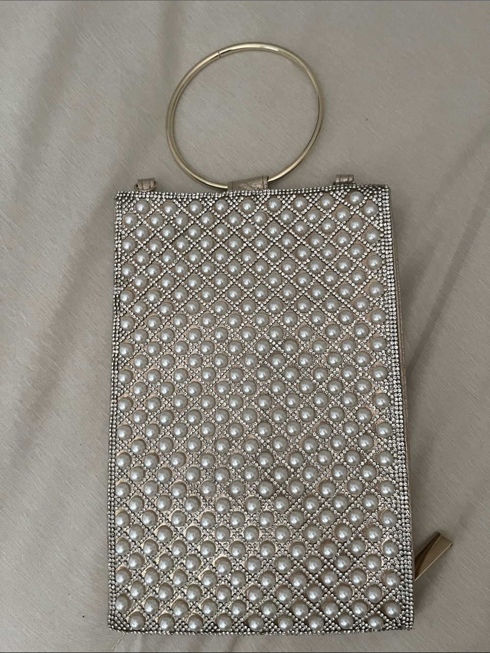 INC International Concepts Pearl-Embellished Ivory Evening Clutch with Gold Ring